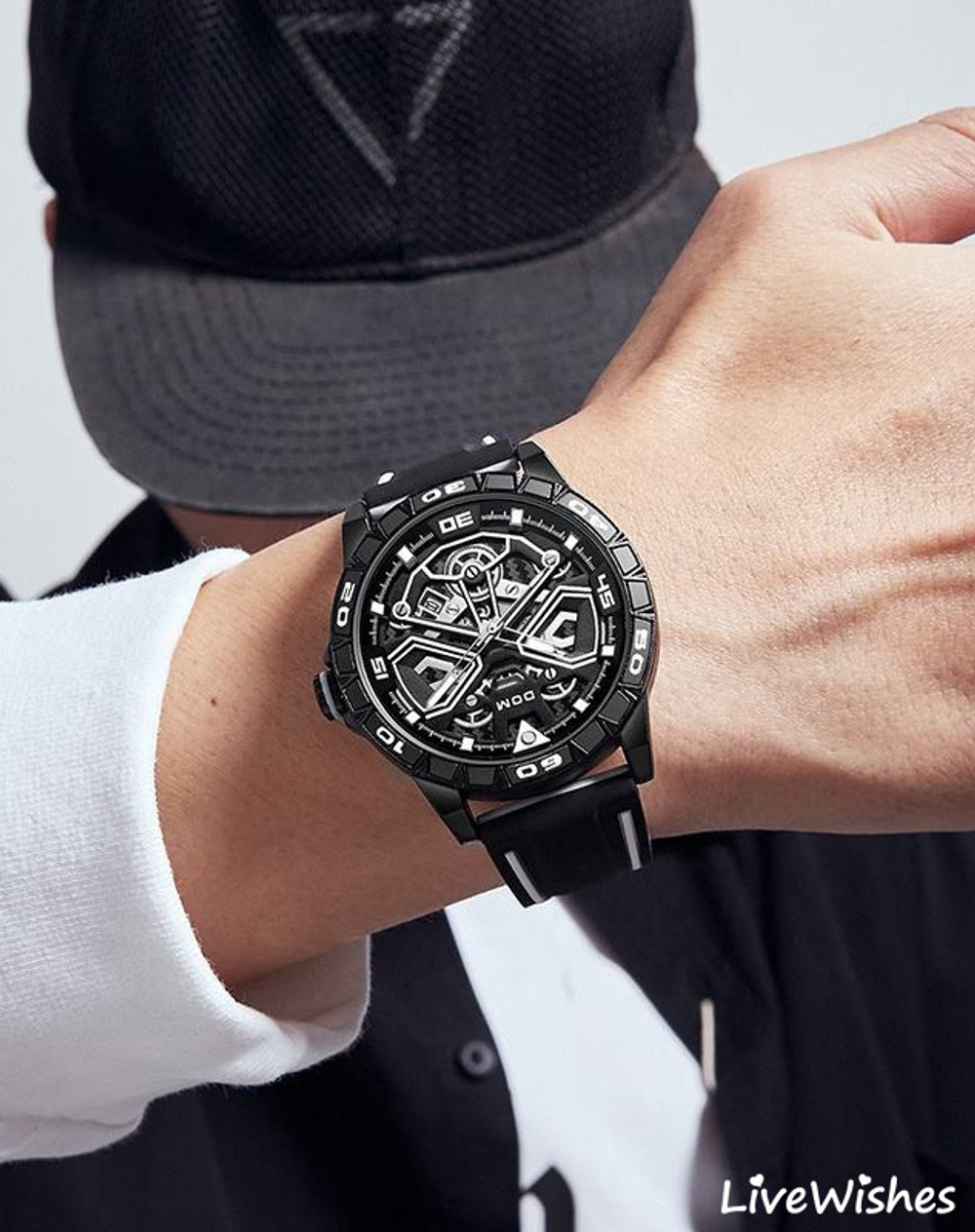 Часы наручные кварцевые скелетоны DOM на кожаном ремешке, черный W10240-01