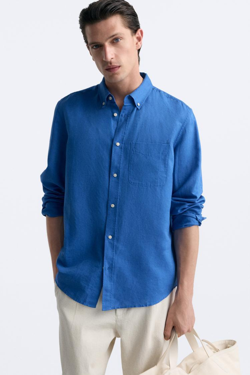 ZARA РУБАШКА ИЗ СМЕСОВОГО ЛЬНА, ЯРКО-СИНИЙ