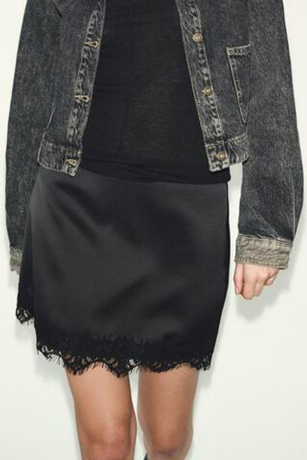 ZARA ЮБКА-ШОРТЫ С КРУЖЕВНЫМ НИЗОМ, ЧЕРНЫЙ
