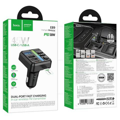 Hoco E89 Libre 45W(1A1C автомобильный BT FM трансмиттер (black)