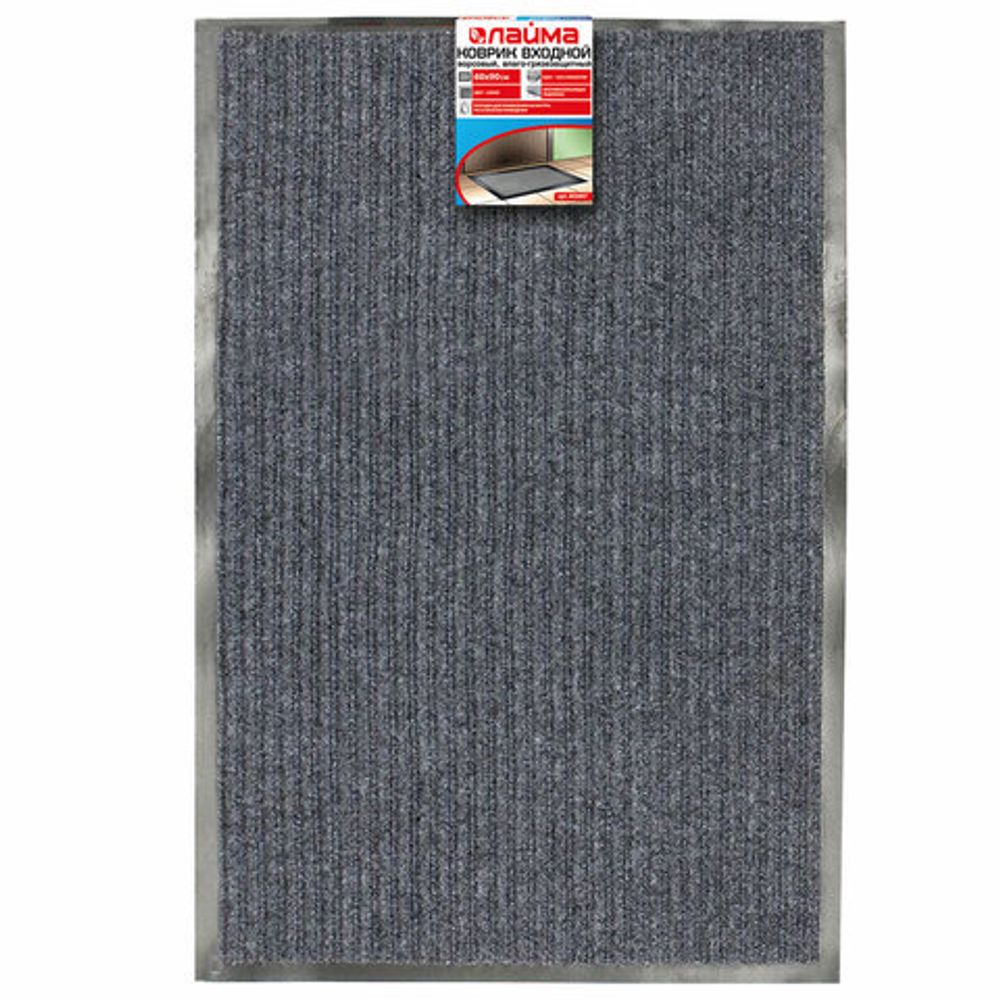 Коврик входной ворсовый влаго-грязезащитный LAIMA, 60х90 см, ребристый, толщина 7 мм, серый, 602867