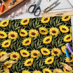 Ткань шелк Армани яркие подсолнухи на чёрном фоне