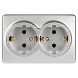 Розетка ЭРА Эксперт 11-2205-03 двойная с заземлением 2х2P+E Schuko IP20 16A-250В ОУ алюминий | Эра Эксперт