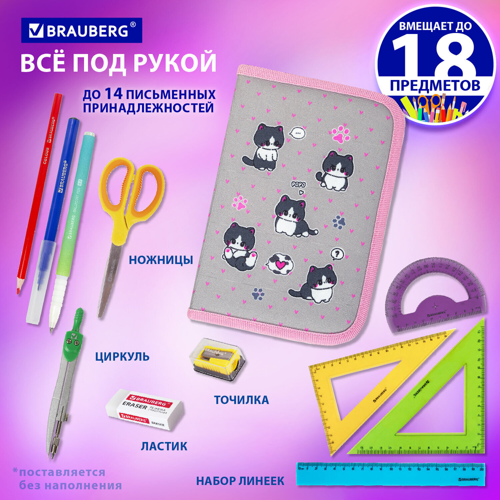 Пенал BRAUBERG 1 отделение полиэстер 21х14 см "Cat patches" (2 штуки в упаковке)