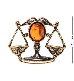 AM-2849 Брошь «Знак зодиака-Весы» (латунь, янтарь)