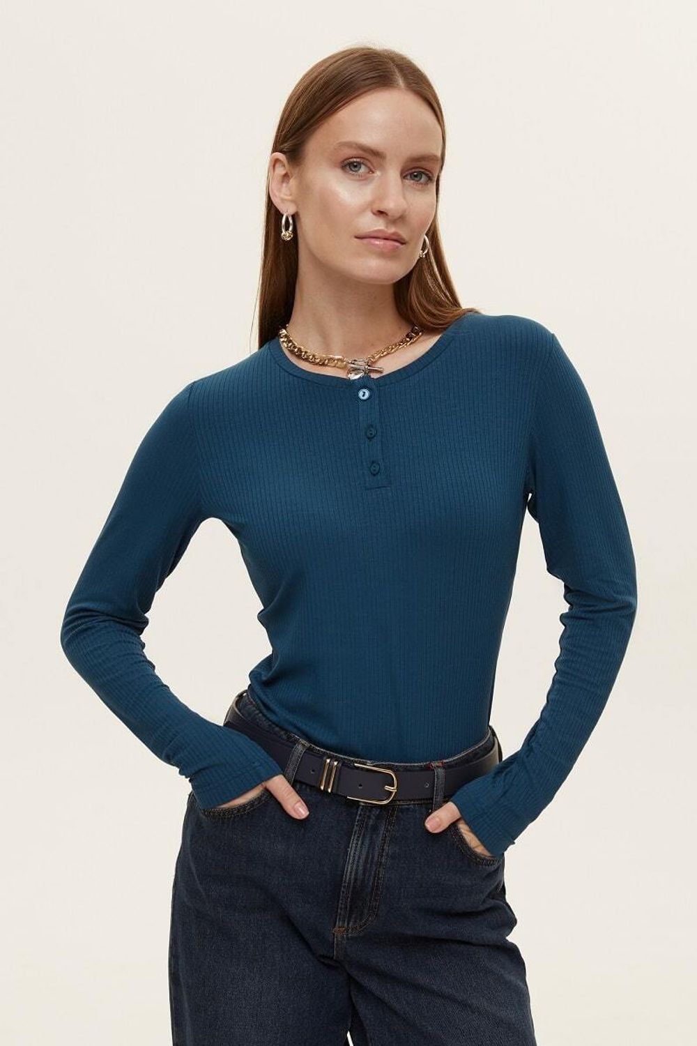 Лонгслив с пуговицами темно-бирюзовый