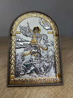 Георгий Победоносец, икона арочная, пластик коричневый 80х115