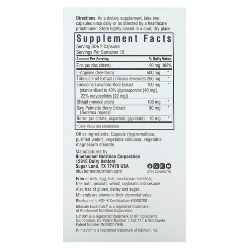 Bluebonnet Nutrition, Intimate Essentials, для него, повышение тестостерона и либидо, 30 вегетарианских капсул