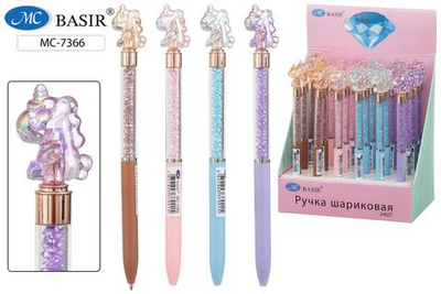 Ручка шарик. с поворотным механизмом "Единорог" синий, наполнит.стразы, микс (Basir)