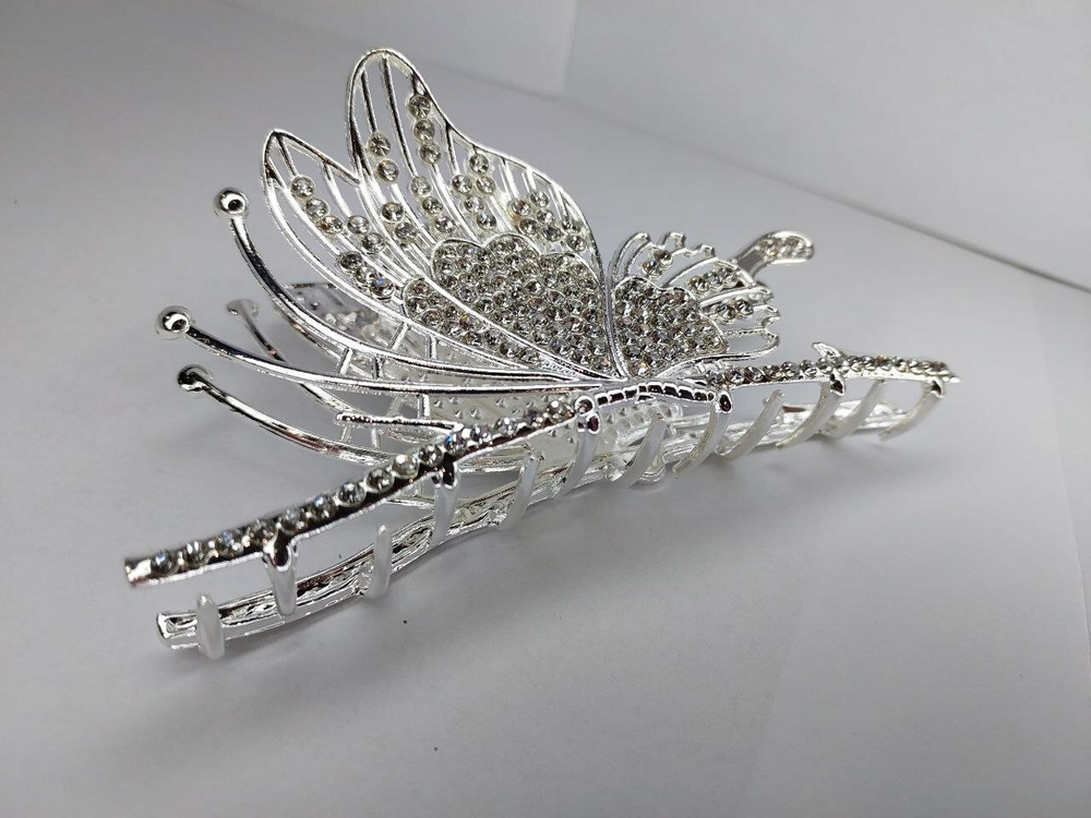 Заколка для волос "Бабочка", усиленная, с декором из страз, серебристый цвет