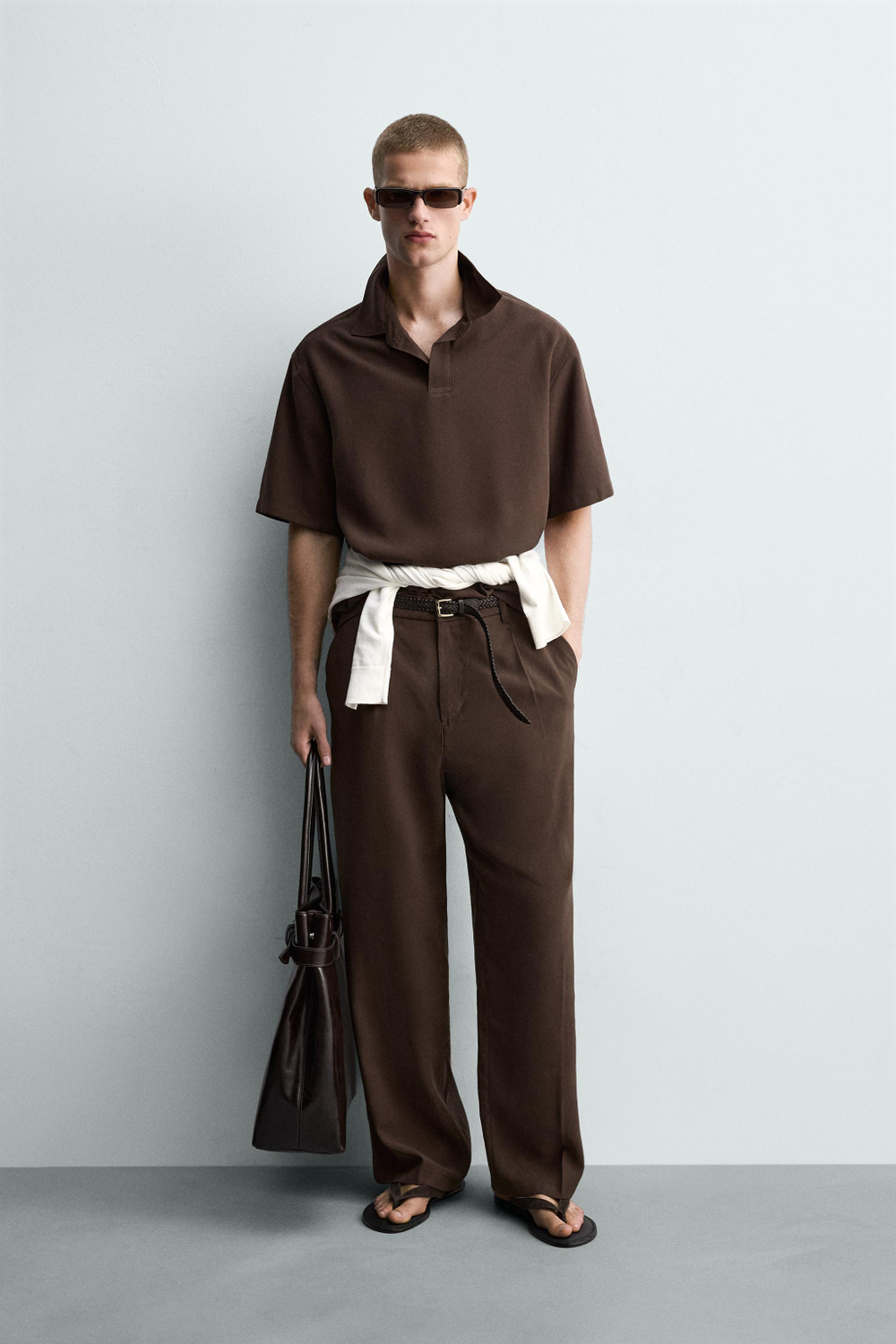 ZARA ПОЛО RELAXED FIT ИЗ СТРУЯЩЕЙСЯ ТКАНИ, КОРИЧНЕВЫЙ