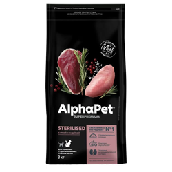 Сухой корм ALPHAPET Superpremium для взрослых стерилизованных кошек и котов, с уткой и индейкой - 3 кг