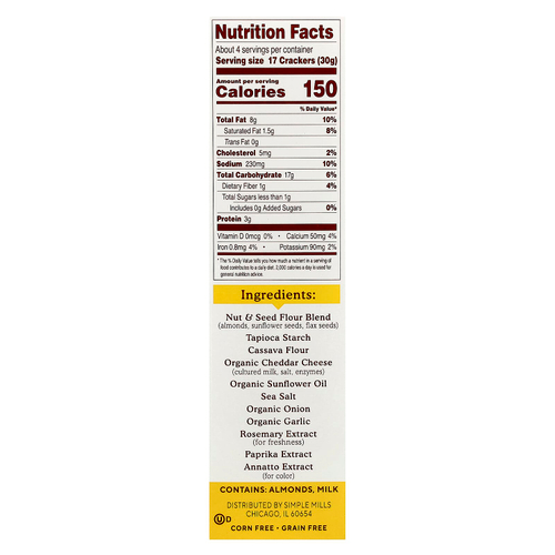 Simple Mills, крекеры из миндальной муки, с фермерским чеддером, 120 г (4,25 унции)