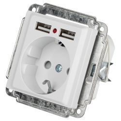 Розетка Intro Accent 6-410-01 P+E Schuko со шторками, 16А-250В + 2хUSB, IP20, СУ, белый