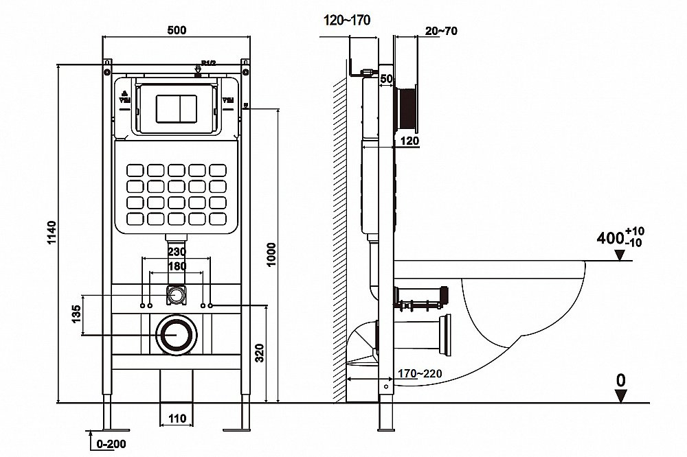 Унитаз подвесной ABBER Rechteck AC1220TC-AC0105-AC0120 белый/кнопка хром глянцевый, с крышкой микролифт, с инсталляцией, безободковый, слив-торнадо