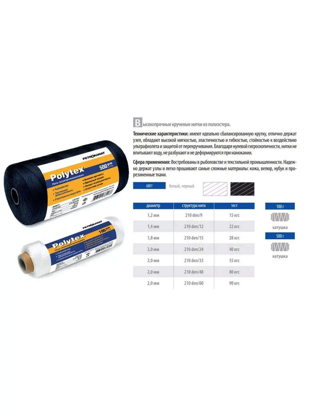 Нитки полиэфирные Петроканат Polytex, 100 г, 210 den/9 (0,70 мм), белые