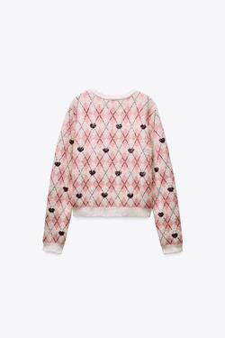 ZARA ЖАККАРДОВЫЙ СВИТЕР С СЕРДЕЧКАМИ, РАЗНОЦВЕТНЫЙ