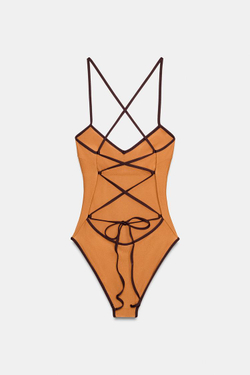 ZARA АТЛАСНЫЙ КУПАЛЬНИК С КОНТРАСТНЫМИ ДЕТАЛЯМИ, ЦВЕТ ЖЖЕНОГО АПЕЛЬСИНА