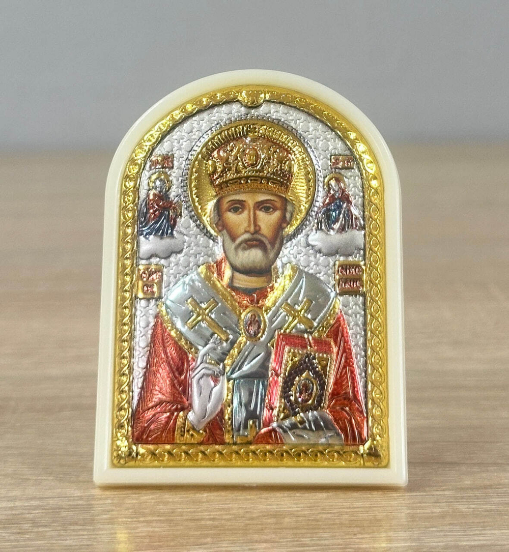 Николай Чудотворец, икона арочная, пластик белый, эмаль 48x68