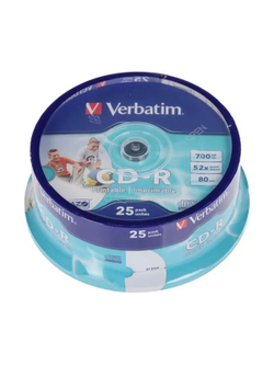 Verbatim  Диски CD-R 25 шт.   Printable InkJet, 52-x 700Mb, Cake Box (43439)