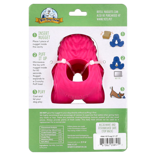 Yeti Dog Chew, Puff & Play, дозатор лакомств, жевательные таблетки для собак, йети, розовый, 4 жевательных конфеты, 1 дозатор