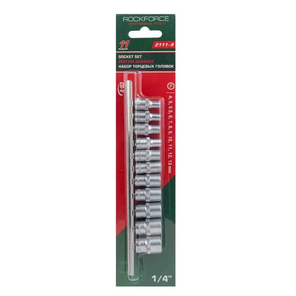 Набор головок 11пр. 1/4''12гр.(4,5,5.5,6-13мм) на планке RockForce##Rock FORCE RF-2111-9