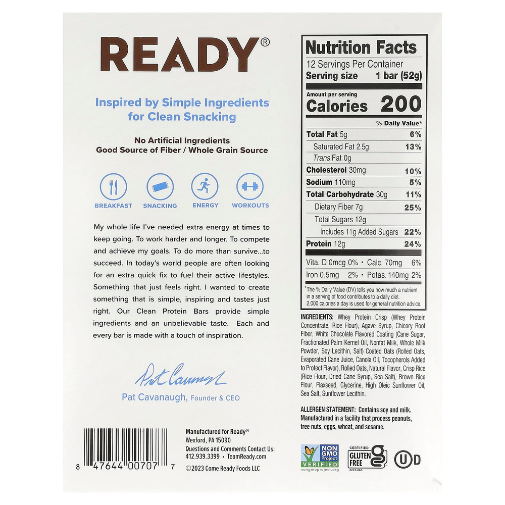 Ready, Clean Protein Bar, ваниль, 12 батончиков, 52 г (1,83 унции)