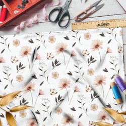 Ткань поплин полевые розовые цветы на бежевом фоне