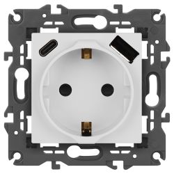 Розетка ЭРА Elegance 14-4108-01 2P+E 16A-250В со шторками с USB type-A+C 5В-3А белый | Эра Elegance