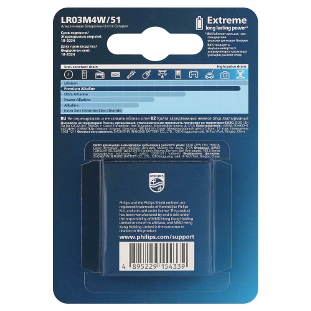 Батарейки Philips LR03M4W/51 ААА алкалиновые 1,5v 4 шт. LR03-4BL Premium (4/48/144/25920) | Philips