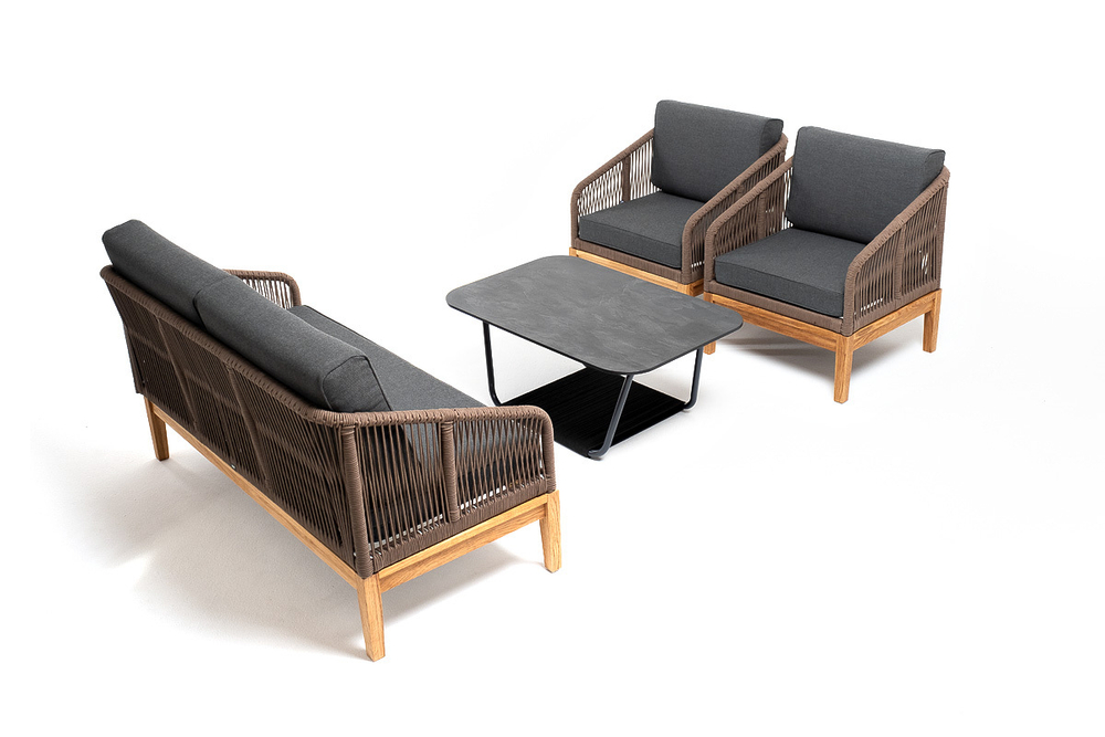 "Канны" лаунж-зона 4-местная из роупа со столиком "Канны" (серый гранит), основание дуб, роуп коричневый