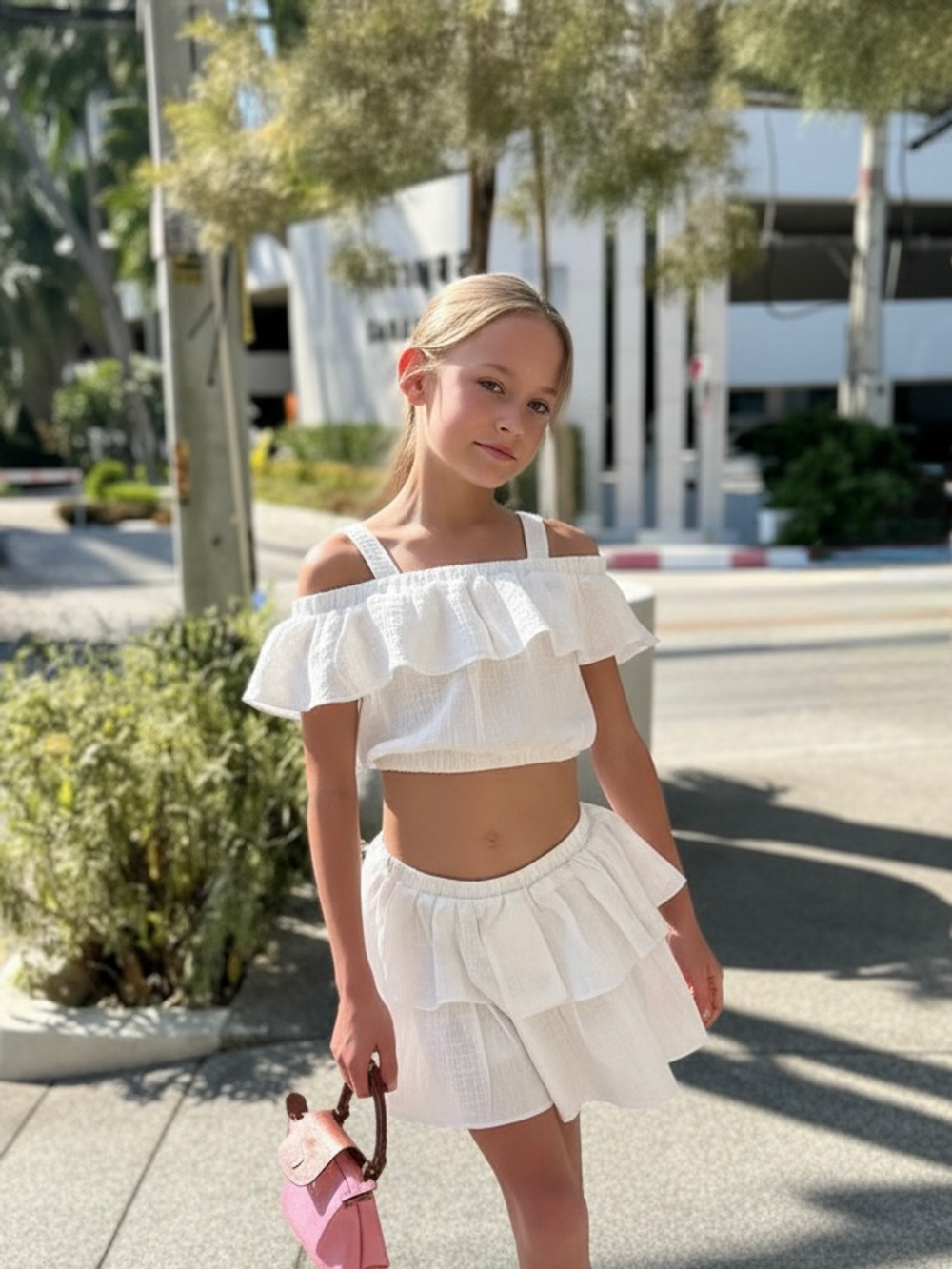 Костюм из муслина топ и юбка-шорты, белый