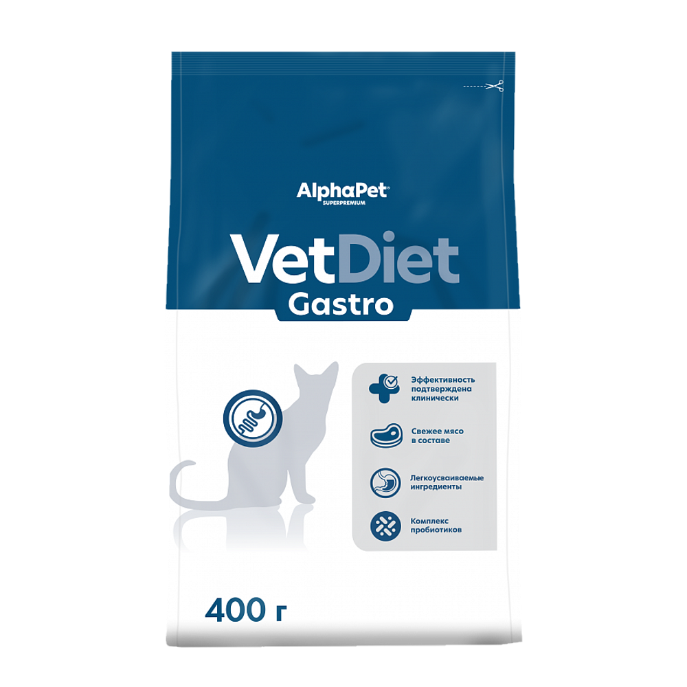 Сухой диетический корм AlphaPet VetDiet GASTRO для взрослых кошек и котов при острых расстройствах пищеварения, в реабилитационный период и при истощении