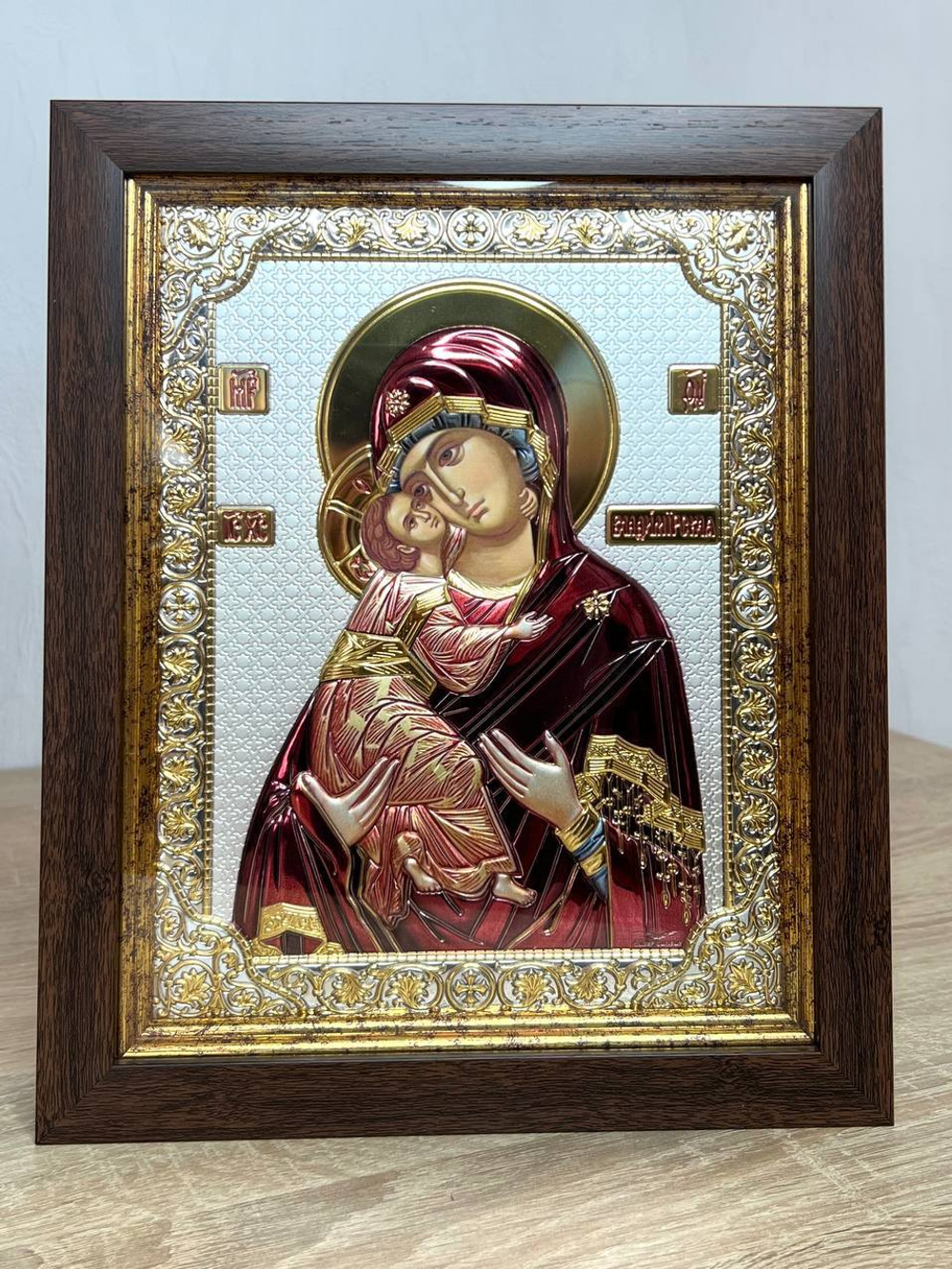 Владимирская БМ, икона прямоугольная в рамке под стеклом, красное дерево, эмаль 232х280