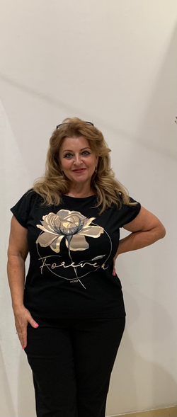 Черный блузон с бежево-золотым принтом в виде цветка