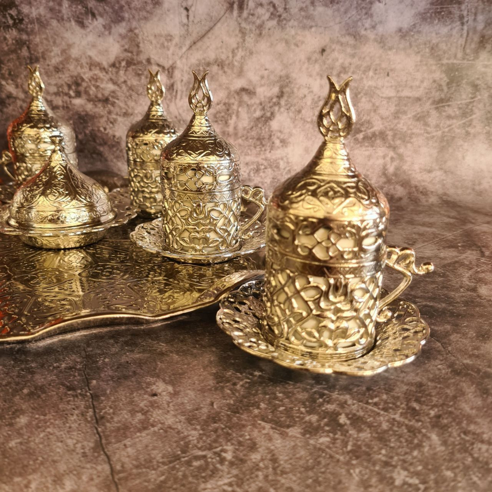 Кофейный набор "Тюльпан" на 6 персон с подносом/ACAR. Турция (серебристый 27 предметов)