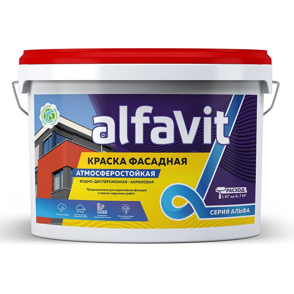 Краска водно-дисперсионная фасадная Alfavit серия Альфа, белая, 14 кг, 42750