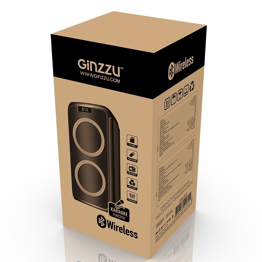 Колонки Ginzzu GM-202, Акустическая система Midi, RGB / BT / USB / SD / FM / ДУ