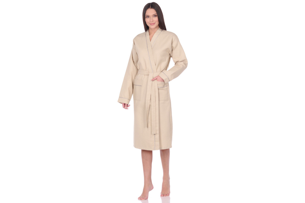 Халат вафельный Home One с кантом бежевый 52