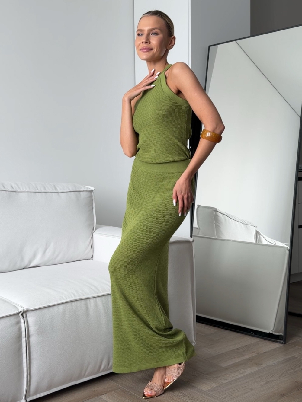 Комплект вязаный, базовый, топ и длинная юбка