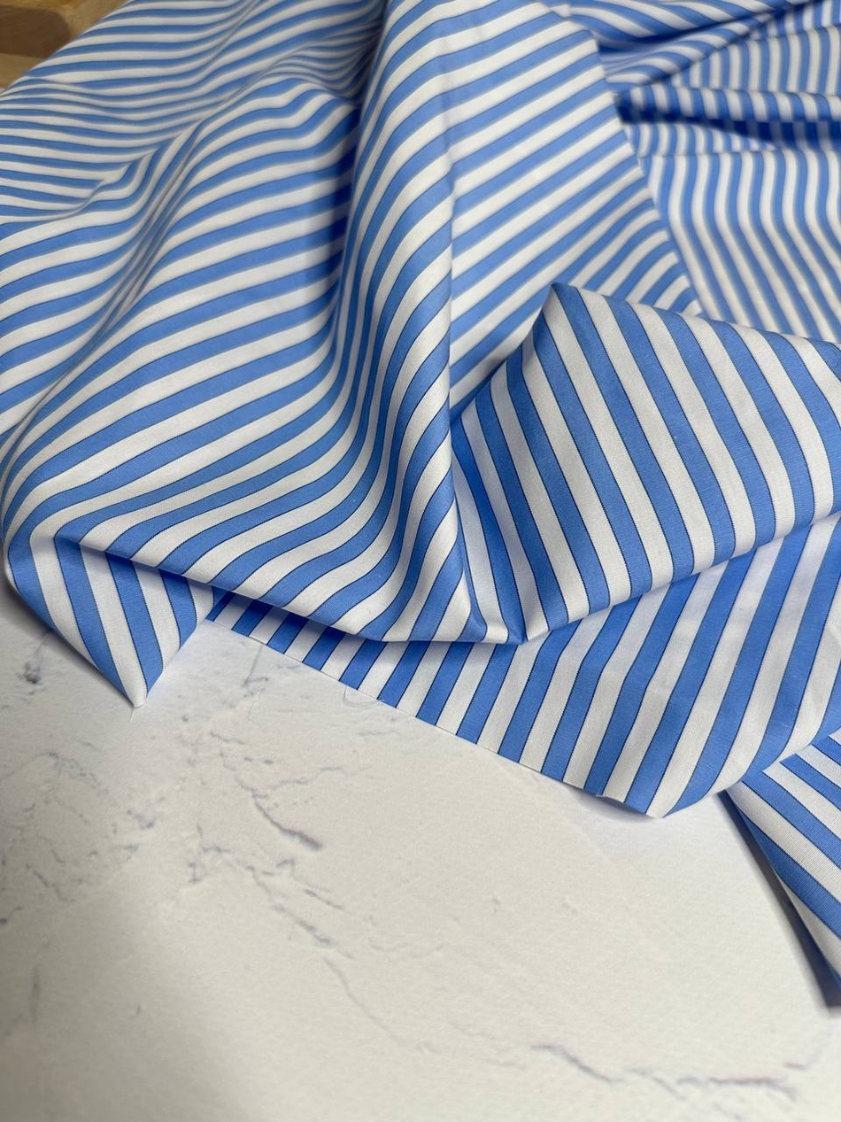 Плательно-блузочный однотонный поплин (Ralph Lauren, 100%хлопок, Бело-голубая вертикальная полоска, 148, 100 гр/м2)