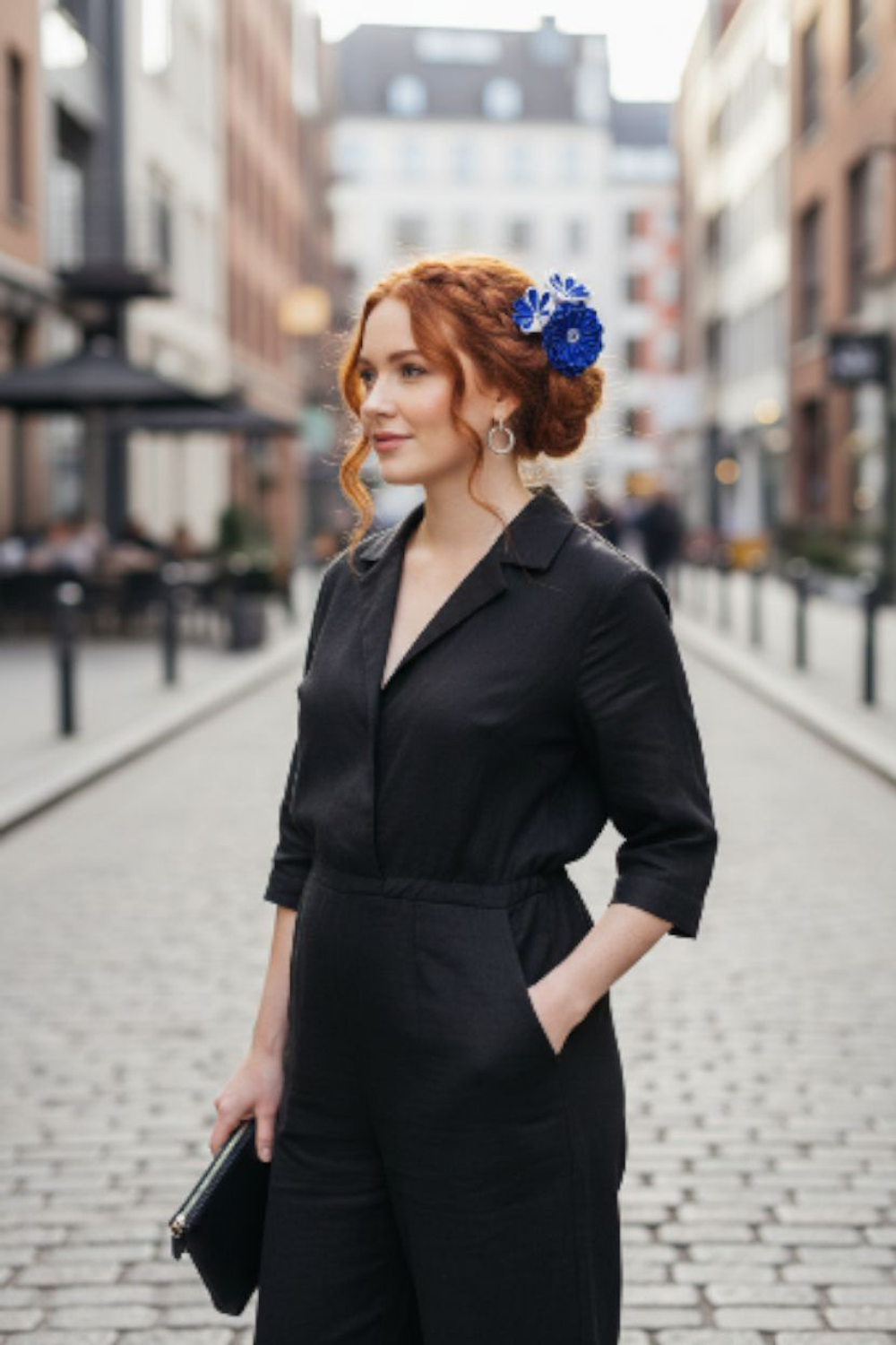 Гребень для волос женский сине-белый, украшение ручной работы канзаши с цветами и съемной подвеской-кисточкой, для фотосессии и под синее платье