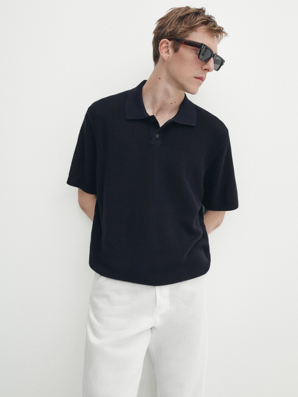 Massimo Dutti Трикотажная рубашка-поло с короткими рукавами, темно-синий