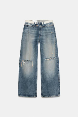 ZARA ДЖИНСЫ TRF СО СРЕДНЕЙ ПОСАДКОЙ И ОТВОРОТОМ, СИНИЙ