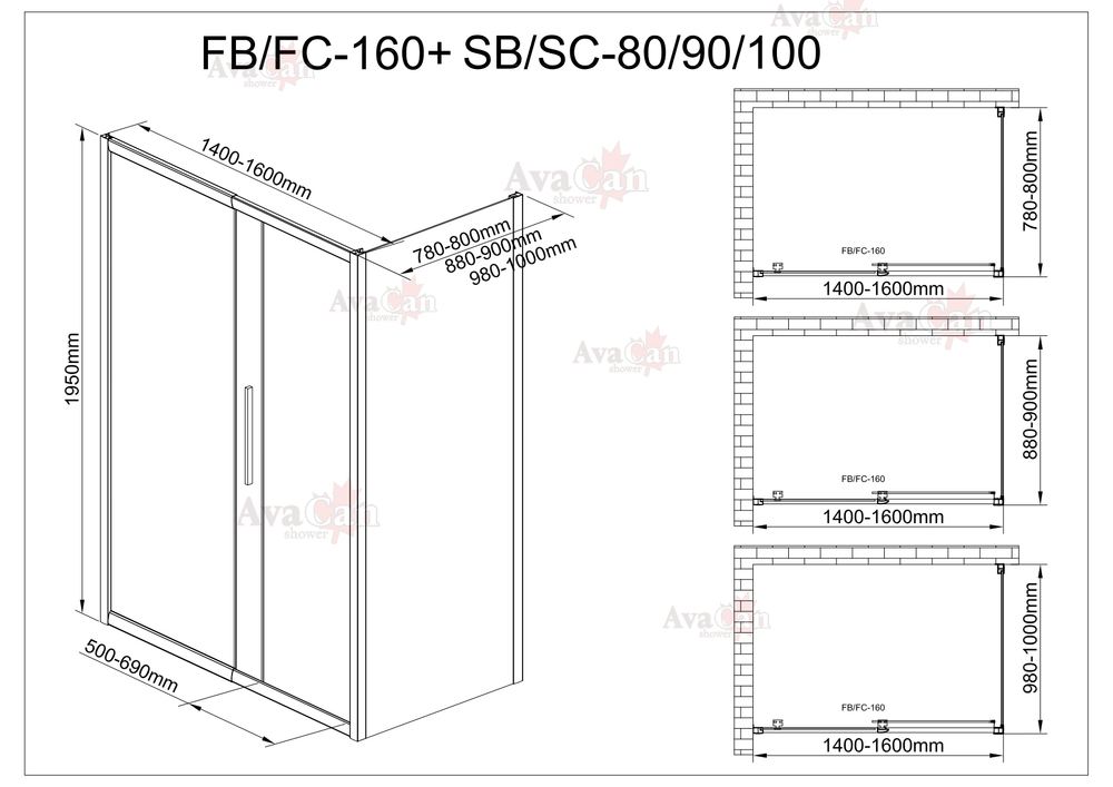 Душевой уголок AvaCan FB 140-160 + SB 90 MT