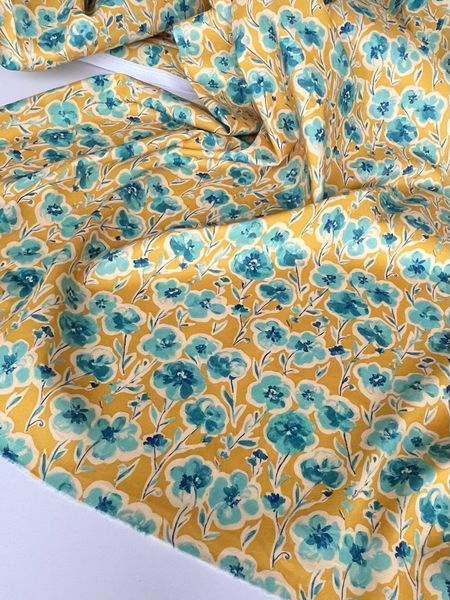 ГОЛУБЫЕ ЦВЕТЫ НА ГОРЧИЧНОМ ФОНЕ - 100% хлопок 4