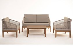 "Канны" лаунж-зона 4-местная из роупа со столиком "Канны" цвета "дуб", основание дуб, роуп бежевый