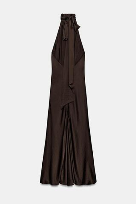 ZARA АТЛАСНОЕ ПЛАТЬЕ С ГОРЛОВИНОЙ ХАЛТЕР ИЗ КОЛЛЕКЦИИ ZW, КОРИЧНЕВЫЙ