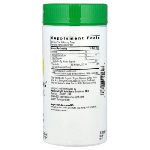 Rainbow Light, Sunny Gummies ™, витамин D3, вкусный лимон, 25 мкг (1000 МЕ), 50 жевательных таблеток