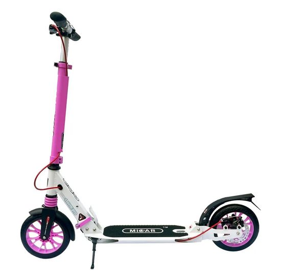 Складной двухколёсный самокат Micar Storm Pro 200 мм с двумя амортизаторами и ручным дисковым тормозом, бело-розовый